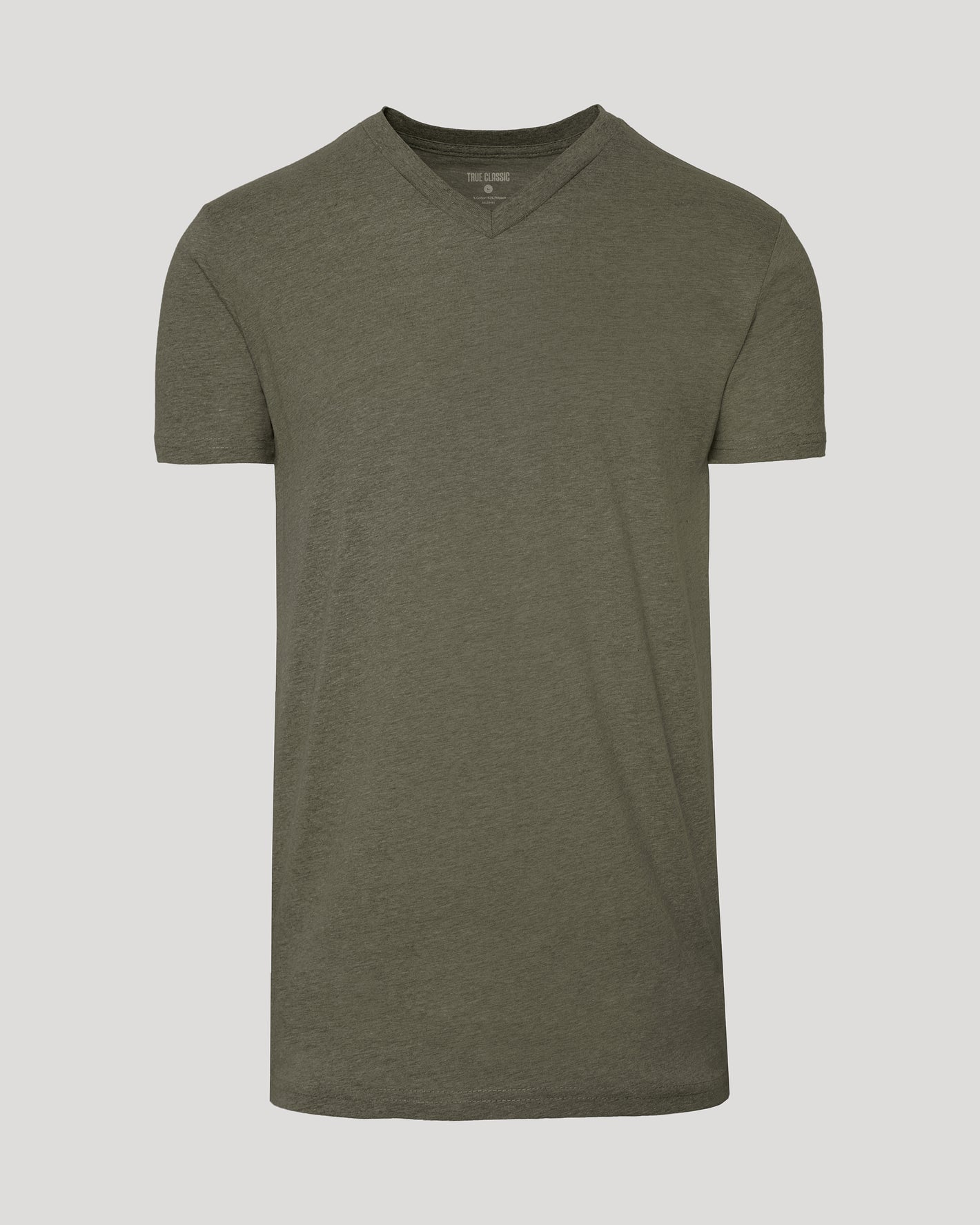 Heather Military Green Tall Short Sleeve Classic V-Neck against gray backdrop.