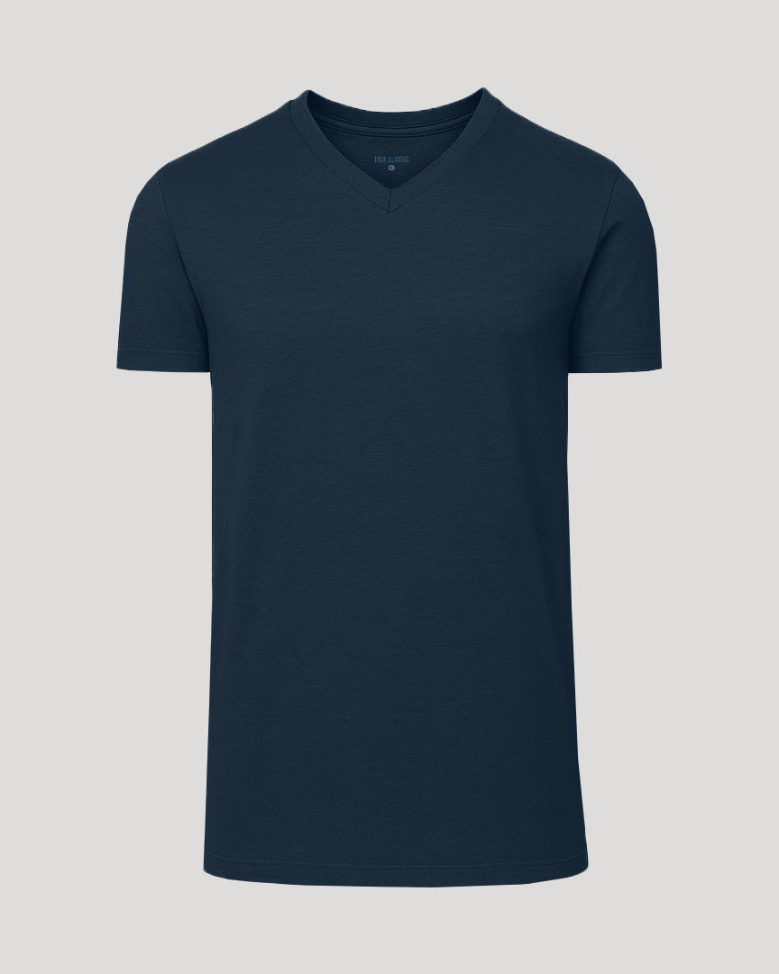 Navy Tall Short Sleeve V-Neck with ribbed trim, tailored for taller frames.
