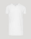 White Tall Short Sleeve Classic V-Neck laid flat, showcasing its tailored design.