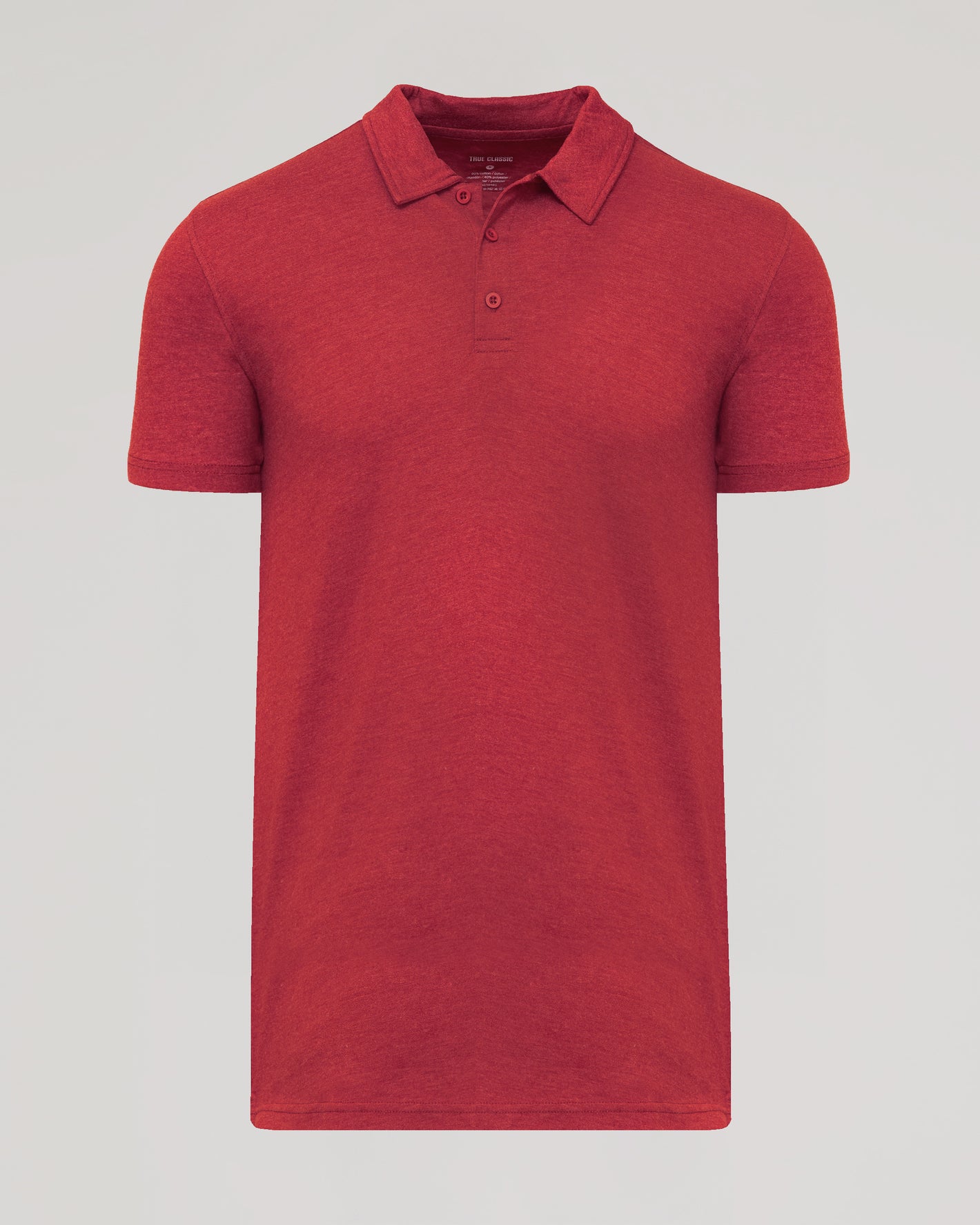 Dark Heather Lava Short Sleeve Tall Polo, heathered red, classic collar, two-button placket.