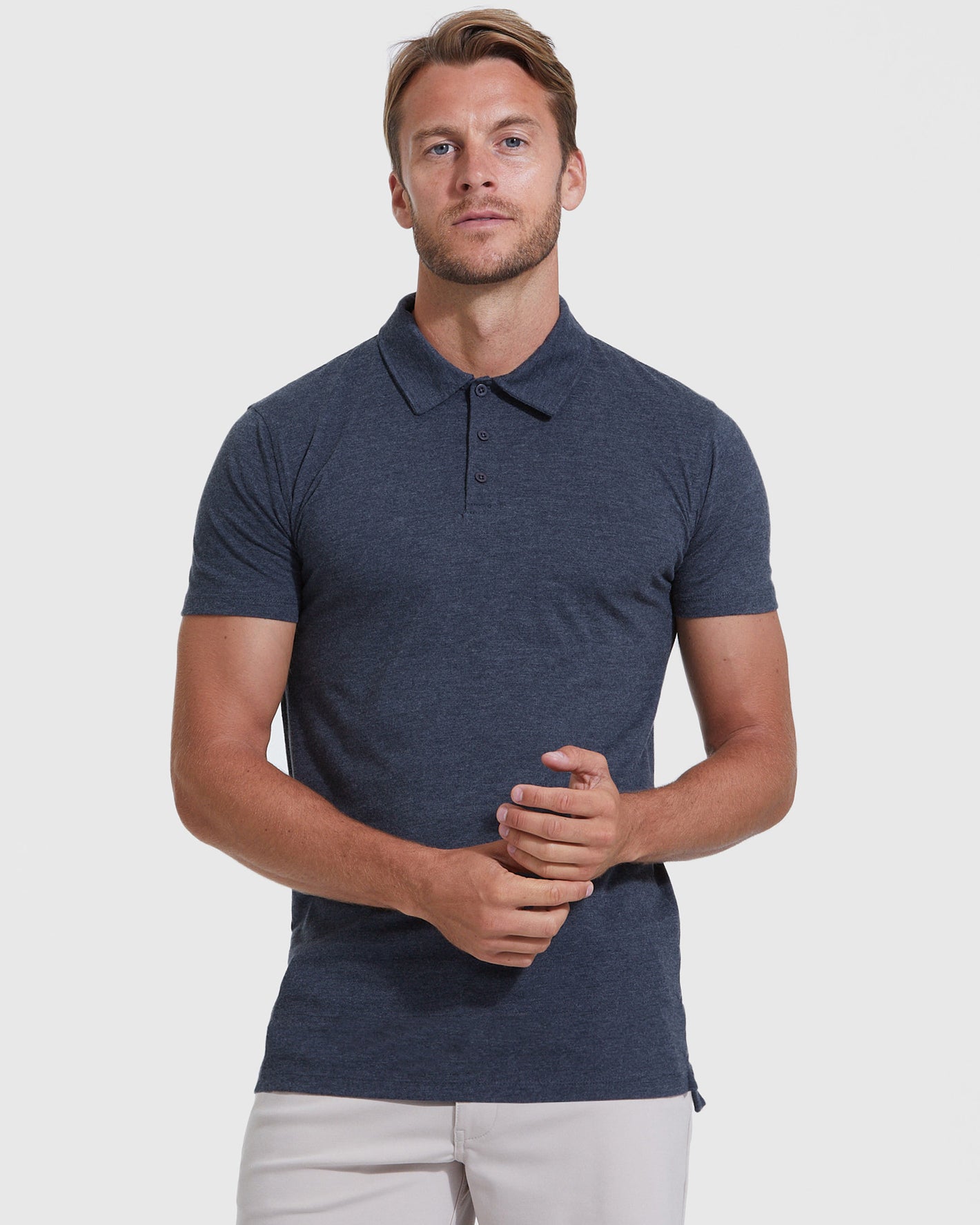 The Staple Tall Classic Polo 3-Pack on tall man, fitted, stylish.