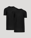 Two black t-shirts on a light gray background