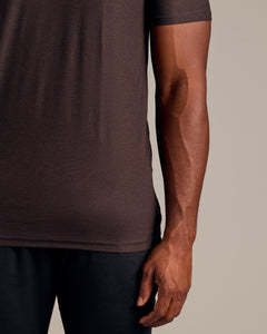 True ClassicDark Heather Cocoa Tall Active Crew Neck 2.0 on model's side profile.