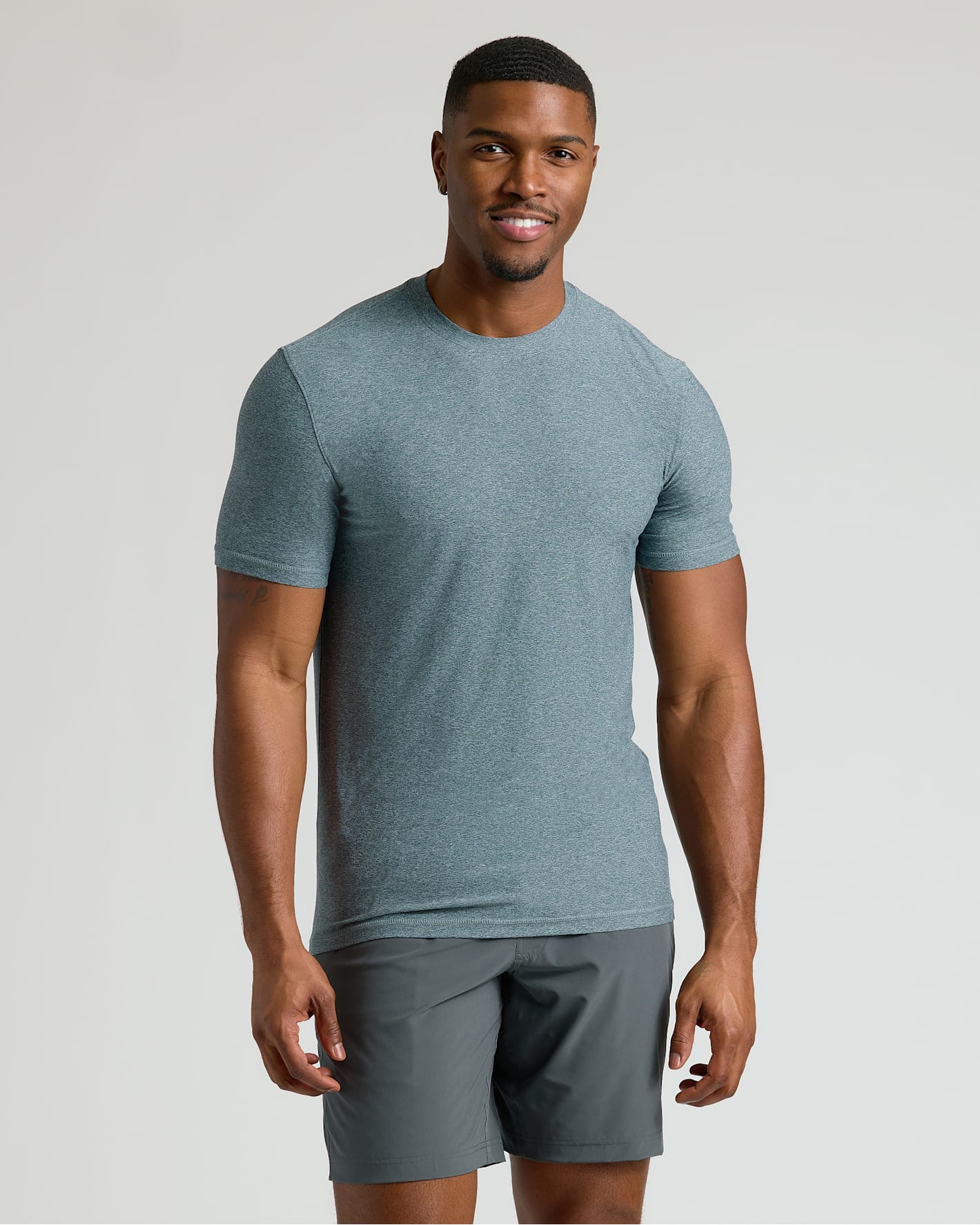Heather Indigo Tall Active Crew Neck on fit man, relaxed posture.