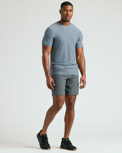True ClassicHeather Navy Tall Active Crew Neck 2.0 worn by man, showcasing fit.