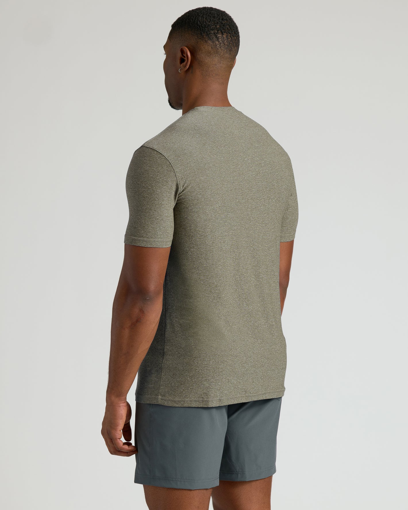 Heather Military Green Tall Active Crew Neck 2.0 on model's back view.