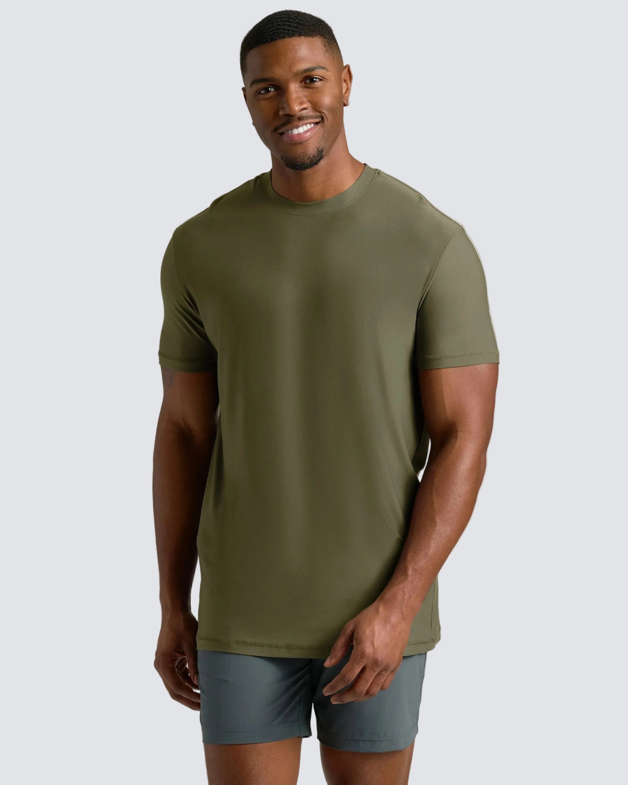 Military Green Short Sleeve Tall Curved Hem Crew | Military Green