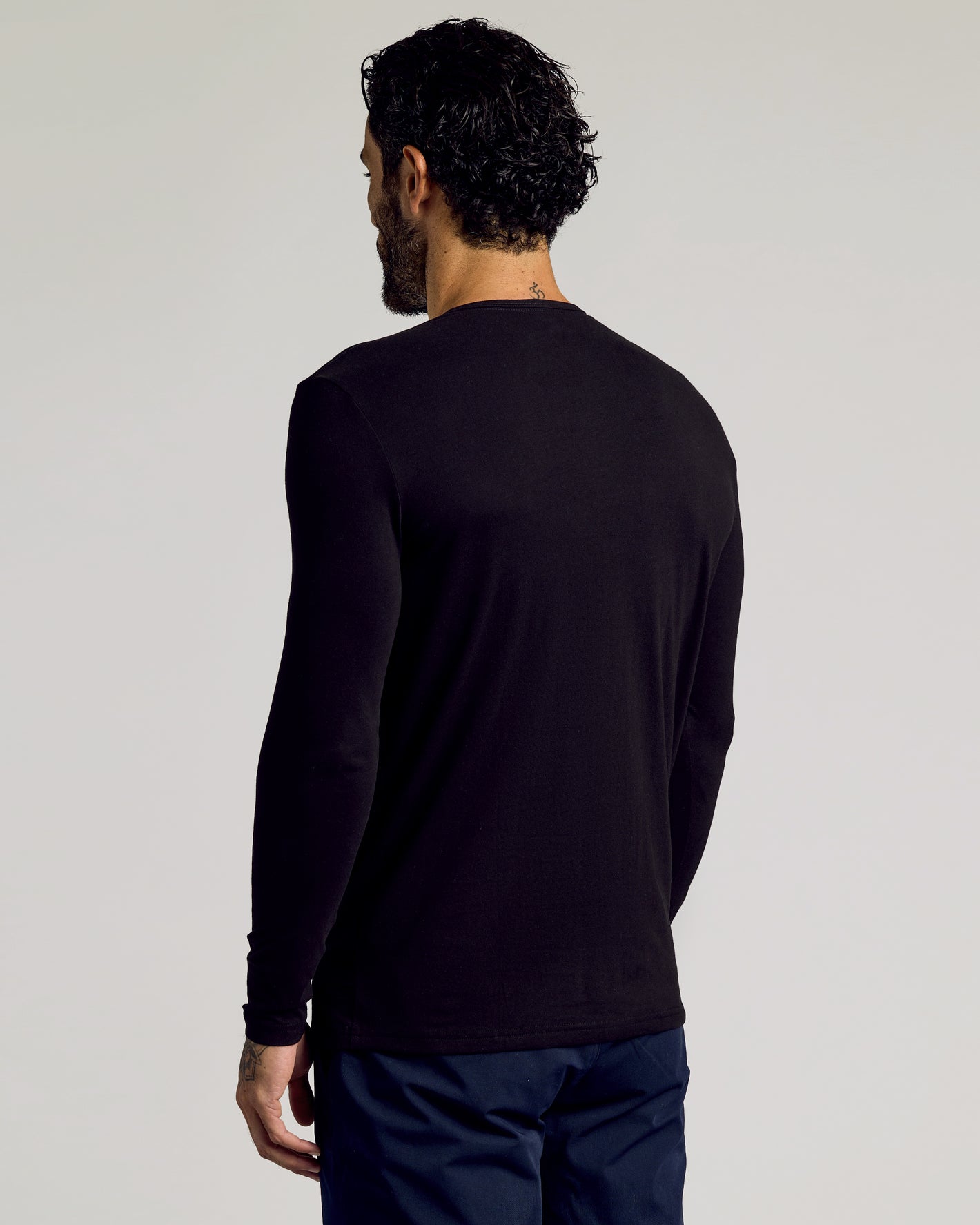 All Black Tall Classic Long Sleeve Henley 3-Pack, back view.