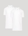 Two white polo shirts on a light gray background