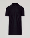 Black Short Sleeve Tall Active Polo on light background, showcasing collar and placket.