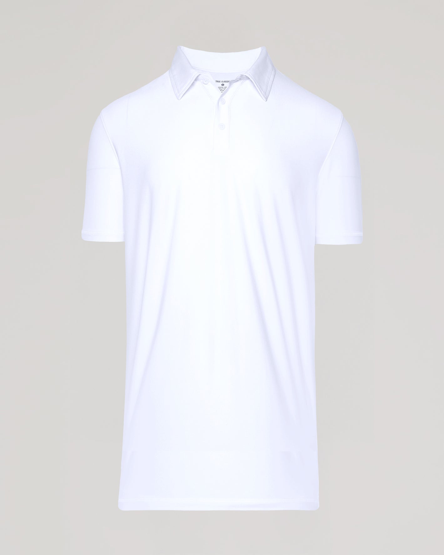 White Short Sleeve Tall Active Polo with fold-over collar and three-button placket.