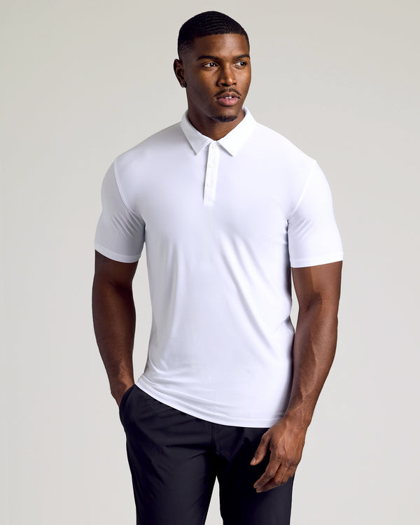 White Tall Active Polo 3-Pack worn by model, showcasing fit and style.