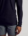 Black Long Sleeve Tall Active Crew with snug fit and slate-gray shorts.