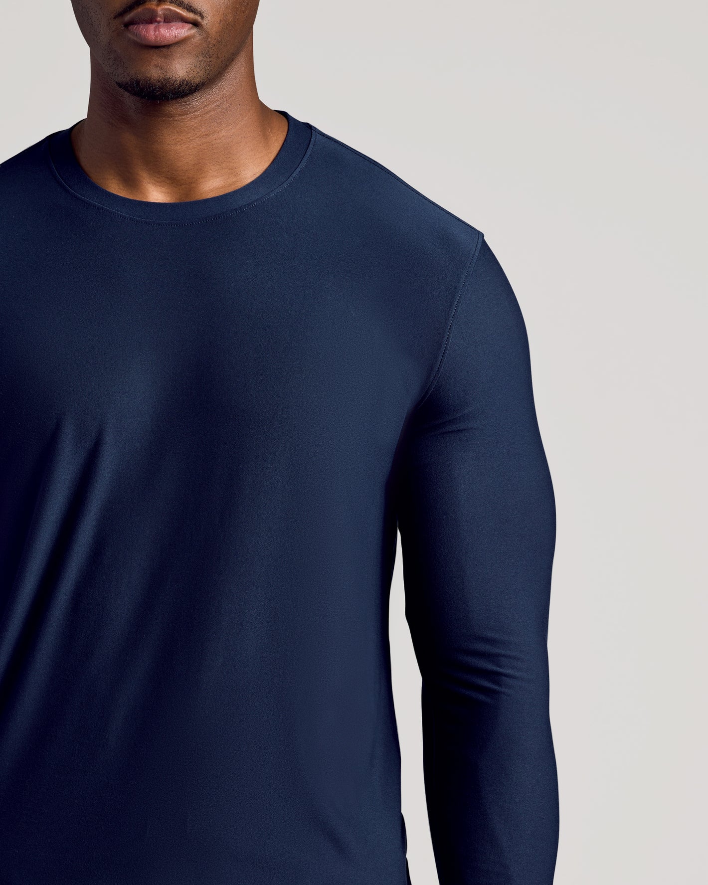 Navy Long Sleeve Tall Active Crew on model, highlighting fit and fabric.