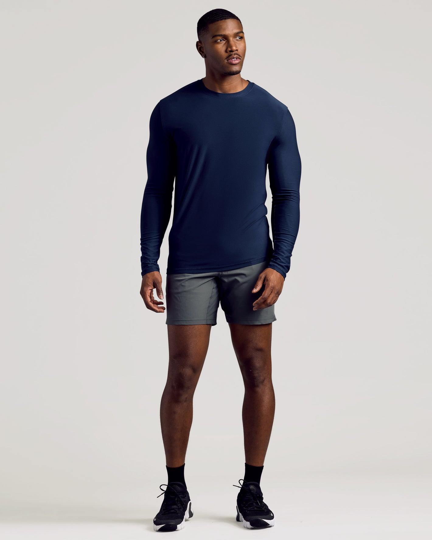 Navy Long Sleeve Tall Active Crew worn by a standing male model.