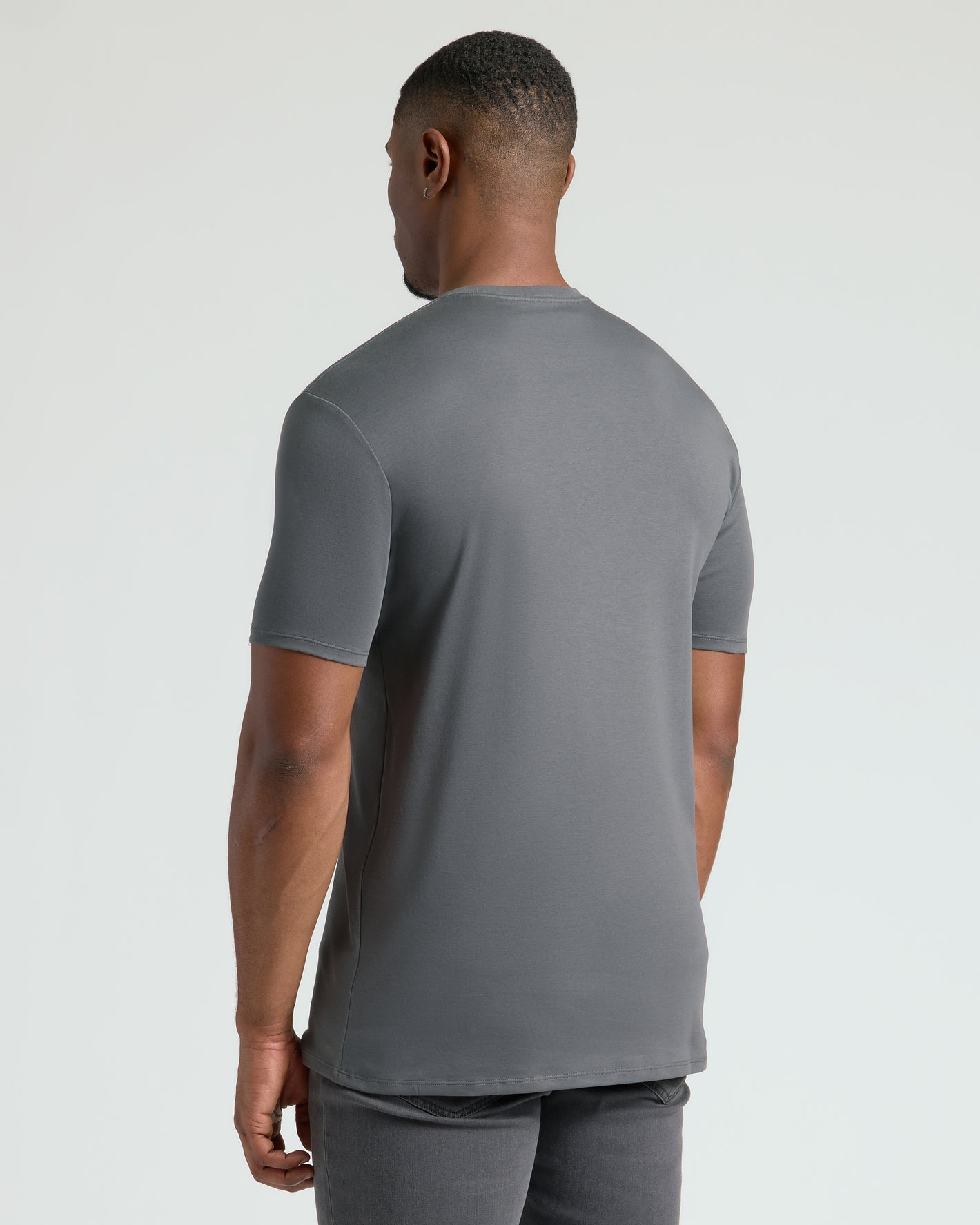 Carbon Tall Premium Pima Crew Neck showcased from the back, highlighting fit.