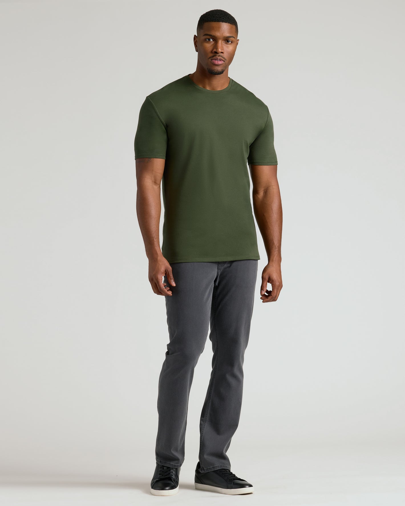 Grove Tall Premium Pima Crew Neck on model, showcasing fit and style.