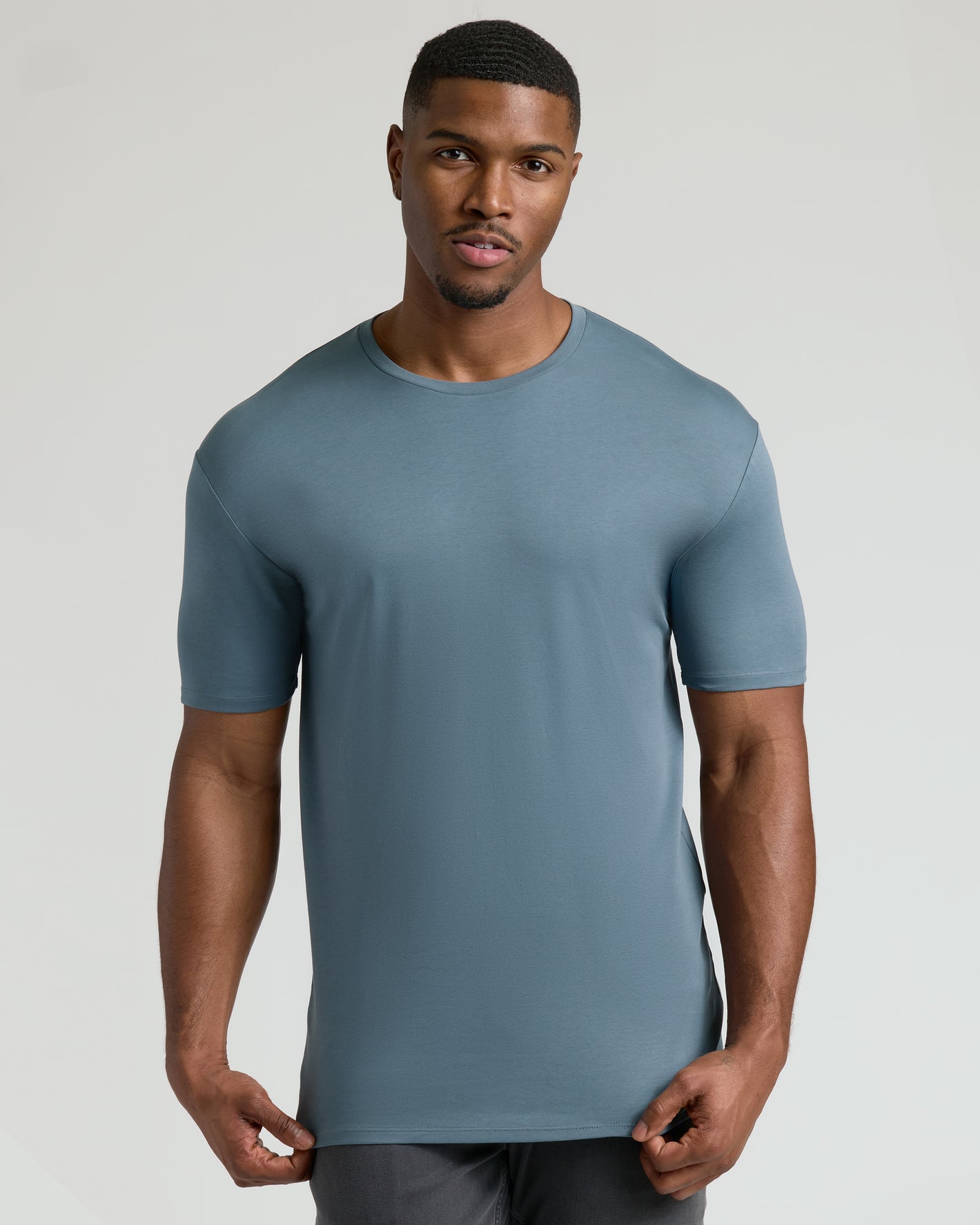 Tempest Tall Premium Pima Crew Neck modeled front-on, showcasing its minimalist design.