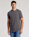 Young male in charcoal-gray Short Sleeve Tall Curved Hem Crew.