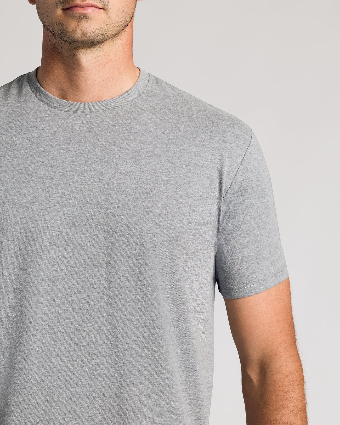 Heather Gray Short Sleeve Tall Curved Hem Crew on model's upper torso.
