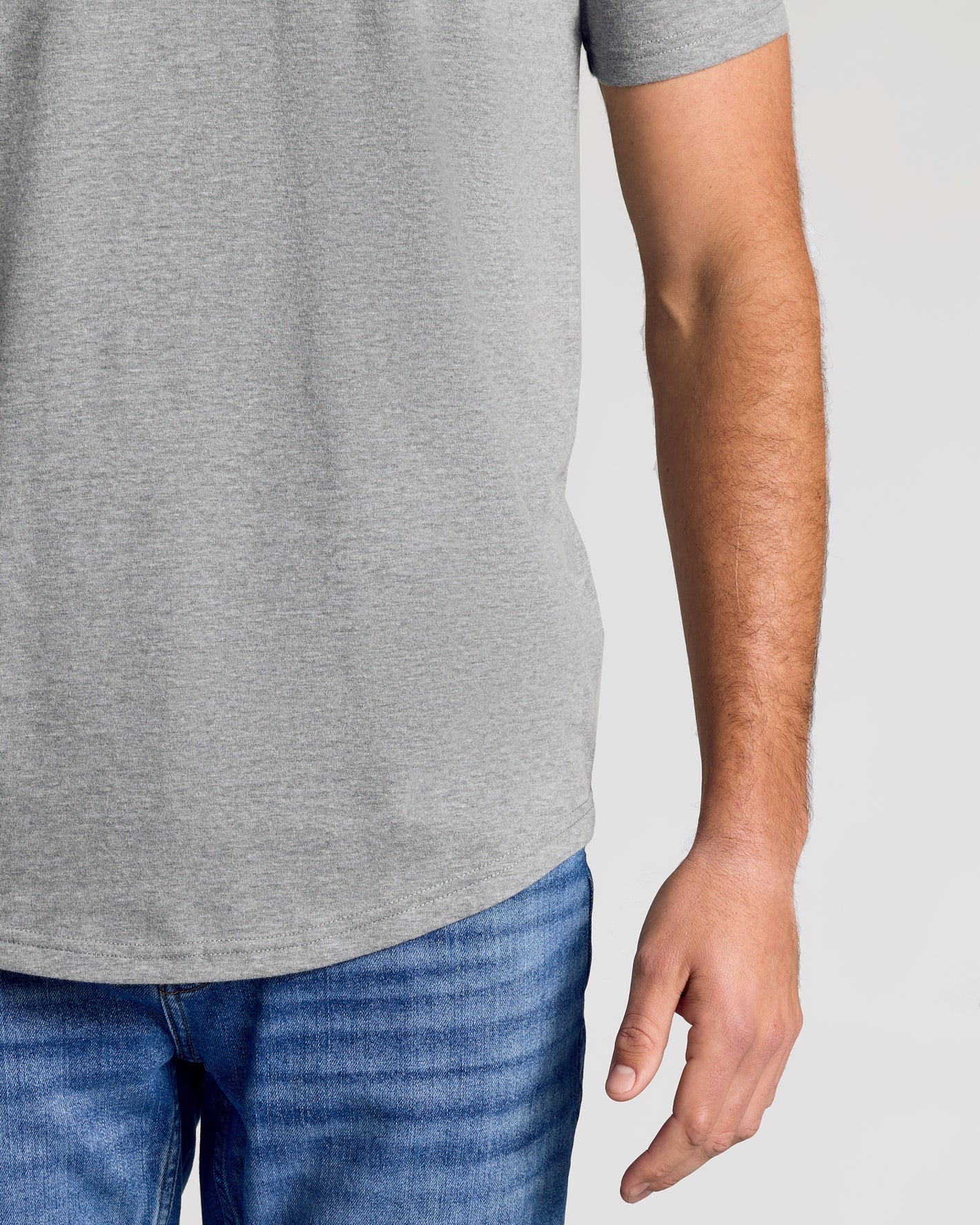 Heather Gray Short Sleeve Tall Curved Hem Crew on person.