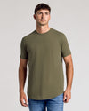Young man wearing Short Sleeve Tall Curved Hem Crew.
