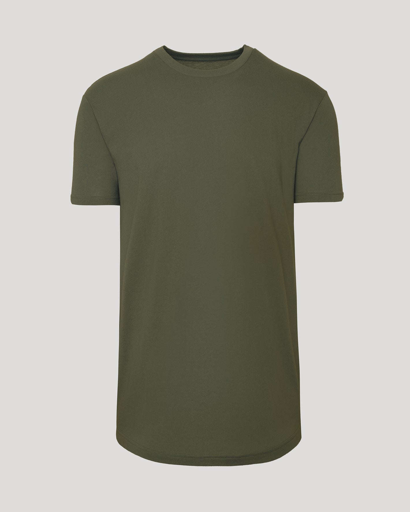 Military Green Short Sleeve Tall Curved Hem Crew on neutral backdrop.