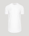 White Short Sleeve Tall Curved Hem Crew laid flat, front view.