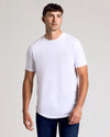 White Classic Tall Curved Hem Crew 10-Pack on model, showcasing fit and length.