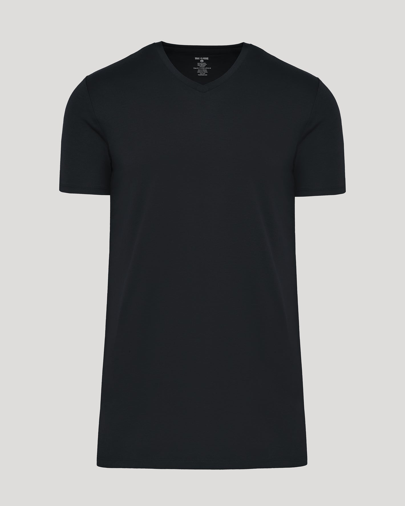 Black Tall Premium Pima V-Neck, slim-fit, V-neck, laid flat.