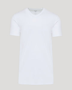 True ClassicWhite Tall Premium Pima V-Neck against a light-grey background.