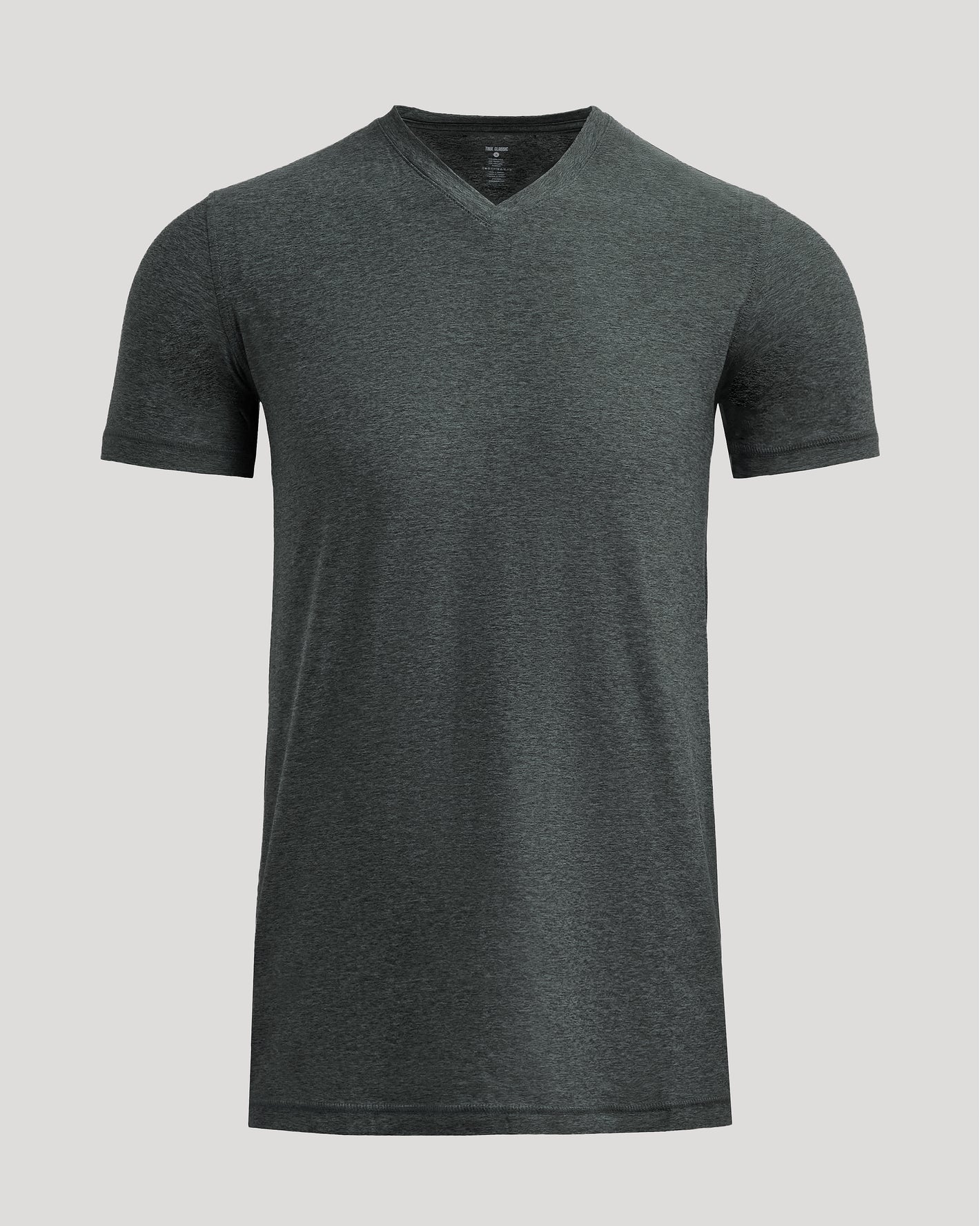 Charcoal Heather Gray Tall Active V-Neck T-shirt against neutral backdrop.