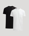 Black and white t-shirts on a light gray background