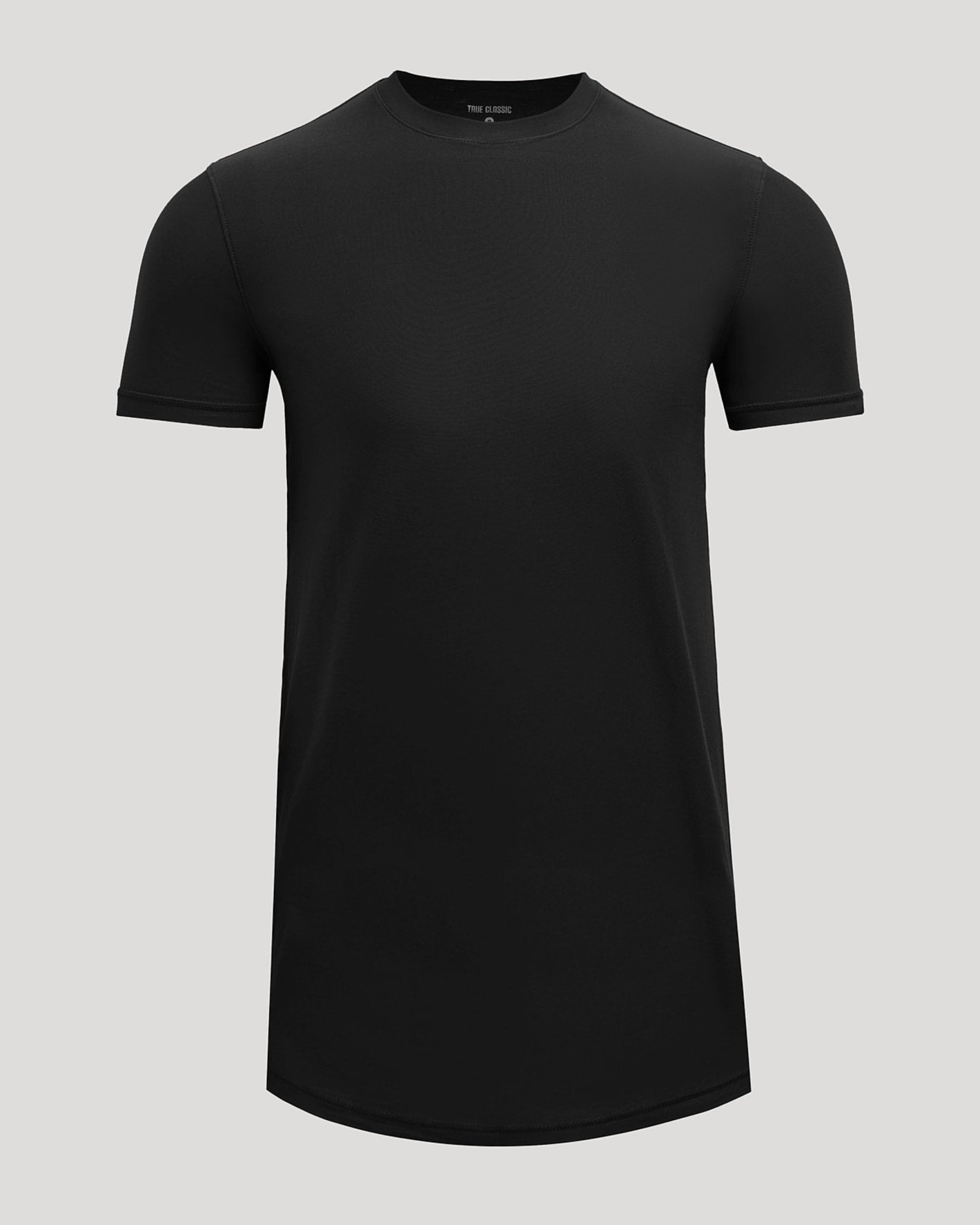 Black t-shirt with a logo on a light gray background