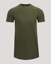 Black t-shirt with a logo on a light gray background