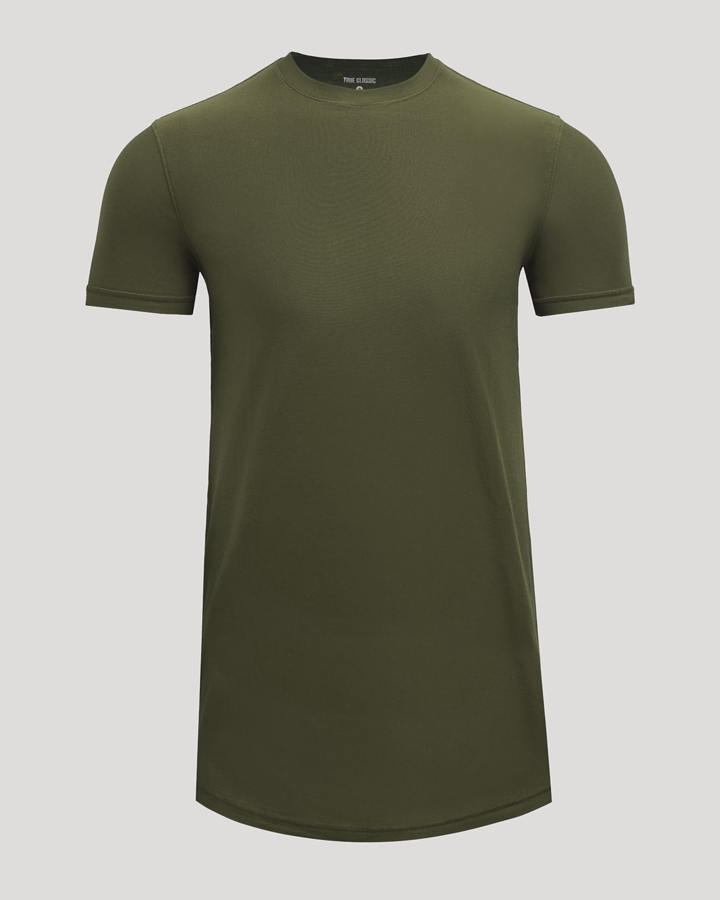 Black t-shirt with a logo on a light gray background