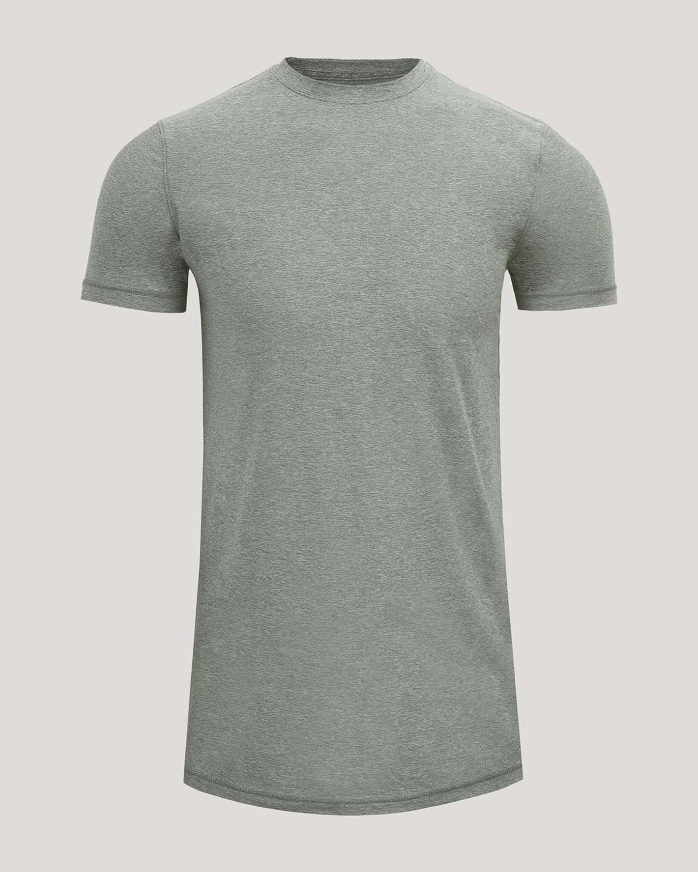 A short-sleeve crewneck t-shirt in heather gray, shown on a solid light gray background.