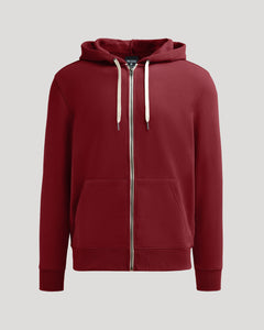True ClassicDark Maroon Fleece French Terry Zip Hoodie with drawstrings and pockets.
