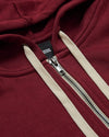Dark Maroon Fleece French Terry Zip Hoodie, cream drawcords, metal zipper.