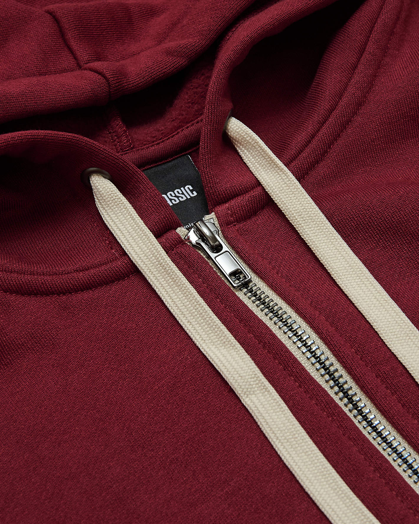 Dark Maroon Fleece French Terry Zip Hoodie, cream drawcords, metal zipper.