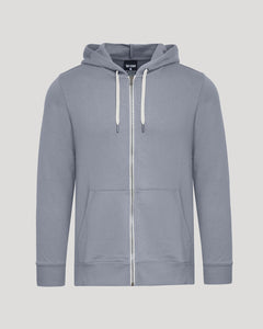 True ClassicDusty Blue Fleece French Terry Zip Hoodie with white zipper and drawcords.