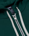 Emerald Fleece French Terry Zip Hoodie with silver zipper and off-white drawstrings.