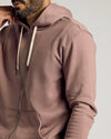 Slate Mauve Fleece French Terry Zip Hoodie close-up: hood, zipper, drawstrings.