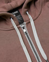 Slate Mauve Fleece French Terry Zip Hoodie with white drawcords and silver zipper.