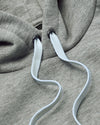 Dark Heather Gray Fleece French Terry Pullover Hoodie close-up showing knit fabric and blue drawstring.