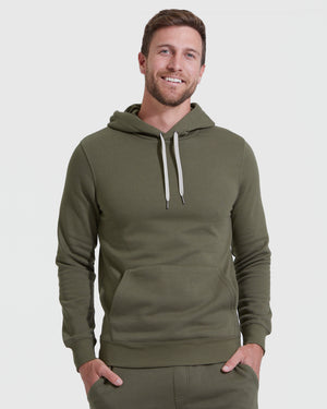 Man in Military Green Fleece French Terry Pullover Hoodie.