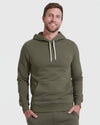 Military Green Pullover Fleece Hoodie & Jogger 2-Pack worn by smiling man.
