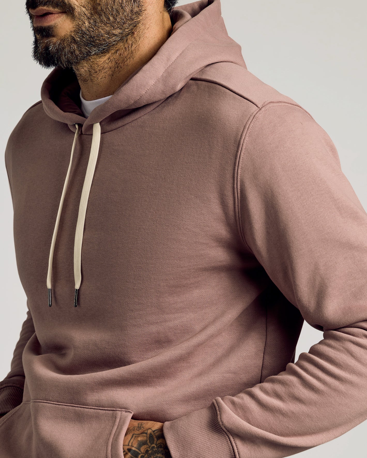 Slate Mauve Fleece French Terry Pullover Hoodie with kangaroo pocket.