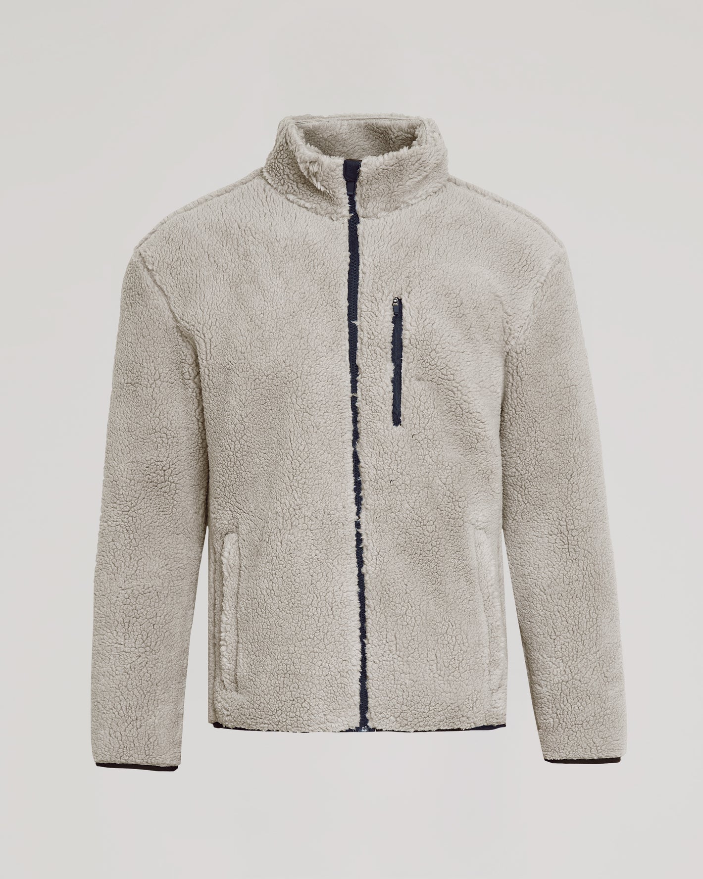 Taupe Sherpa Full Zip Jacket with chest pocket and hip pockets.