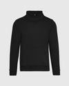 Black Half Zip Fleece Sweatshirt with mock-neck, long sleeves, kangaroo pocket.